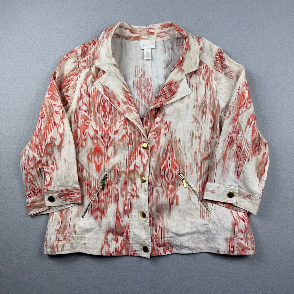 Chicos Linen Jacket Womens 2 Red Beige Ikat Print Lightweight Utility